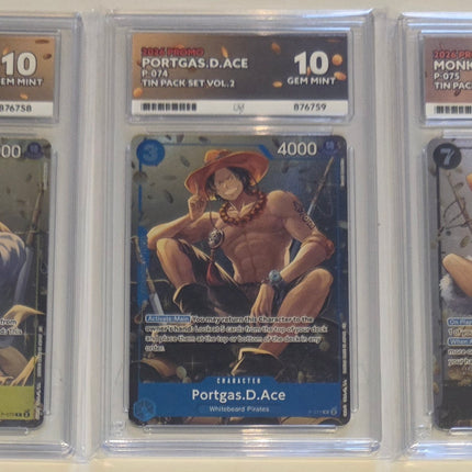Monkey.D.Luffy, Portgas.D.Ace & Sabo Trio - Tin Pack Set Vol.2 P073-075 - Graded ACE 10