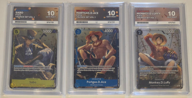Monkey.D.Luffy, Portgas.D.Ace & Sabo Trio - Tin Pack Set Vol.2 P073-075 - Graded ACE 10